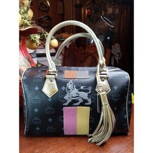 MCM AUTHENTIC U2184 Princess Lion Boston Vicetos Logogram Handbag PVC Black